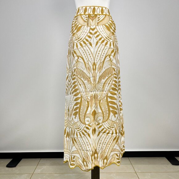 NWOT Farm Rio Midi Skirt Off-White/Beige Lace Nature Wavy Hem Linen Size S - Picture 2 of 12